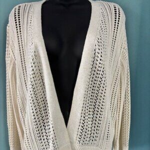 Madison & Hudson Open Knit Cardigan Cream Long Sleeve Rib Boho Metallic Neutral